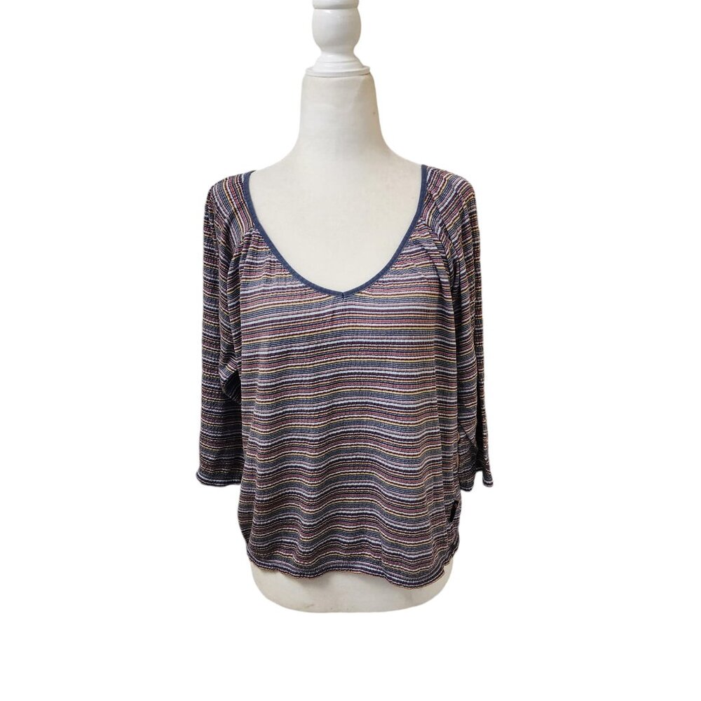 Unionbay 3/4 Sleeve Women's Top Large Vintage 90s Striped Yellow Red Blue V-Neck